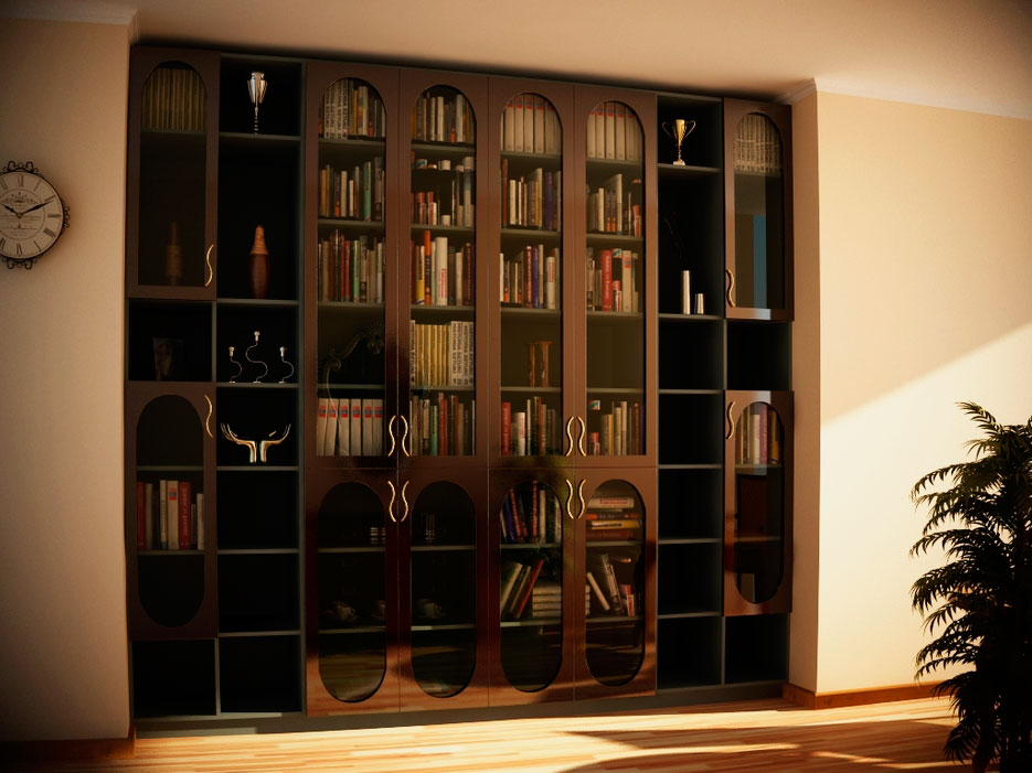 Книжный шкаф со стеклянными дверцами расположенный в альковной нише